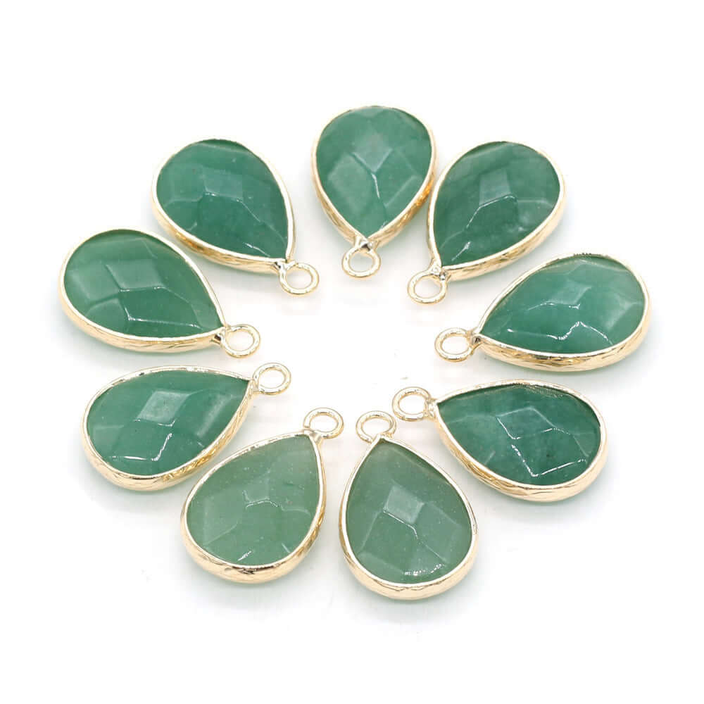Group of green Dongling jade drop-shaped pendants with gold accents, perfect for DIY jewelry making.