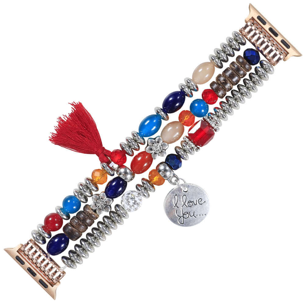 Handmade jewelry tassel strap featuring colorful beads, silver accents, and a charm inscribed with 'I love you'.
