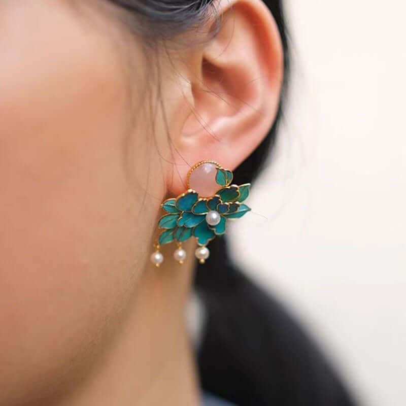 Handmade floral peony earrings with lustrous pearls
