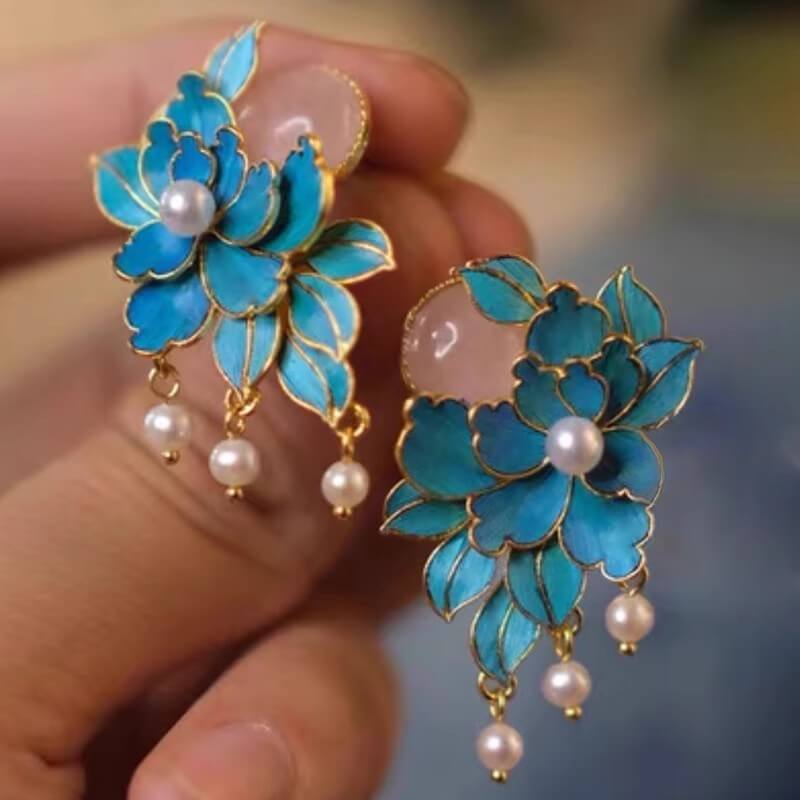 Unique handmade peony earrings adorned with pearls