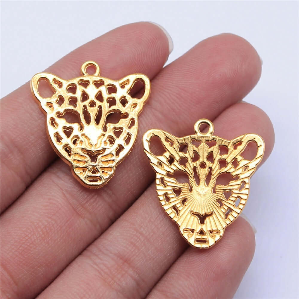 DIY handmade leopard head pendant in gold, 28x26mm size, perfect for jewelry accessories.