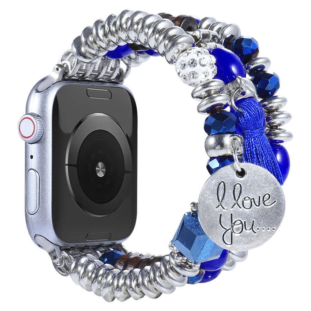 Handmade jewelry tassel strap for Apple Watch, featuring blue beads and a silver 'I love you' charm.