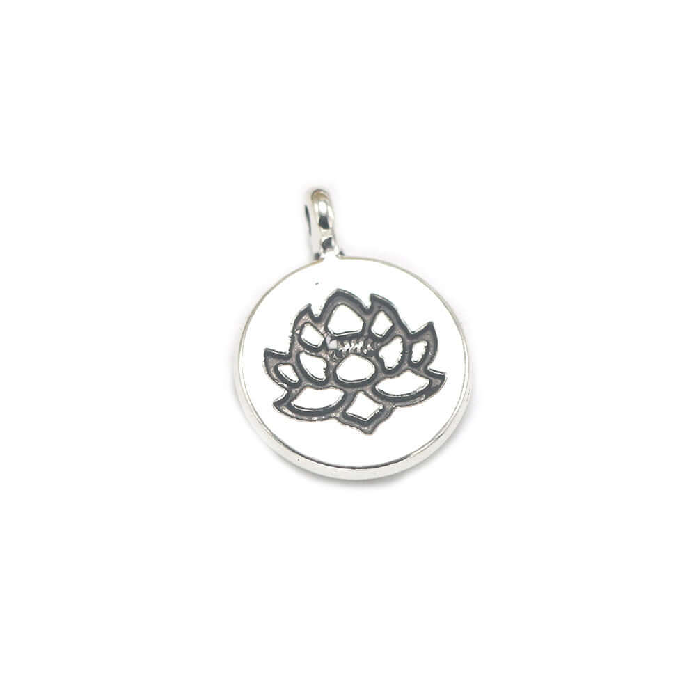 Vintage alloy round lotus pendant in silver with intricate lotus flower design, handmade jewelry piece.
