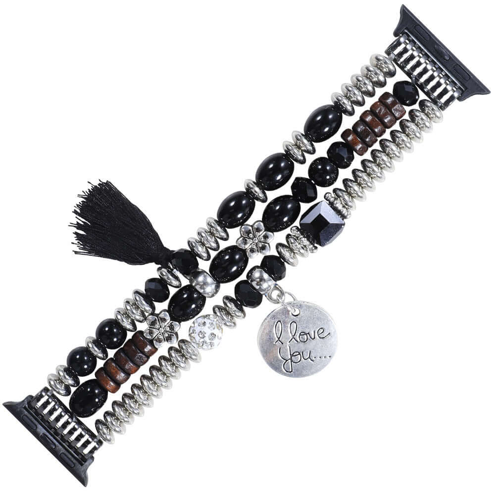 Handmade jewelry tassel strap featuring black beads, crystal, and a silver charm saying 'I love you'.