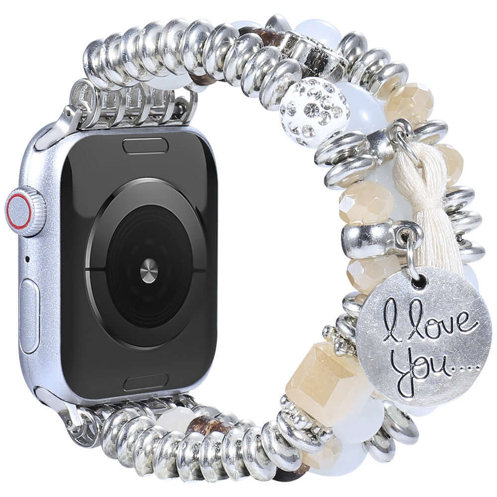 Handmade jewelry tassel strap for Apple Watch with charms and beads, featuring 'I love you' tag.