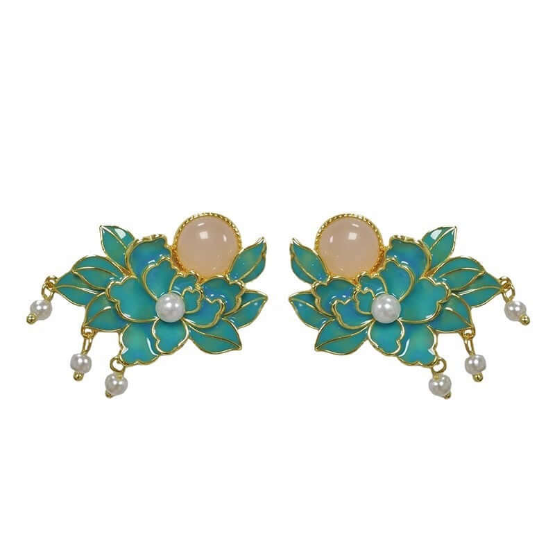 Handcrafted jewelry earrings with peony and pearl combination