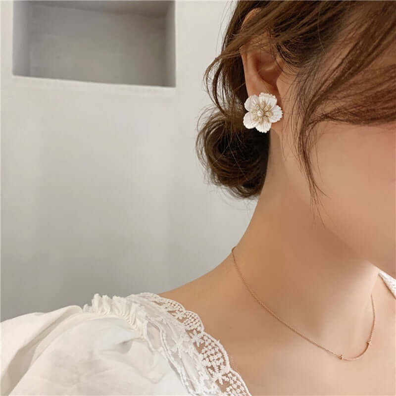 Ladies White Shell Petal Earrings Handmade Jewelry