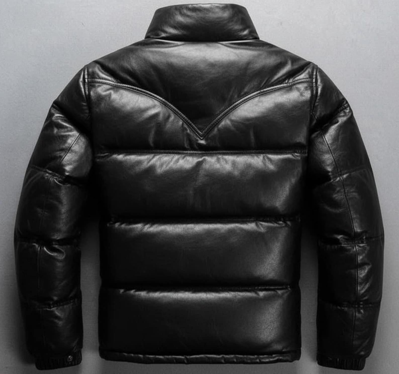 Premium Black Leather Puffer Jacket for Men | Genuine Winter Coat