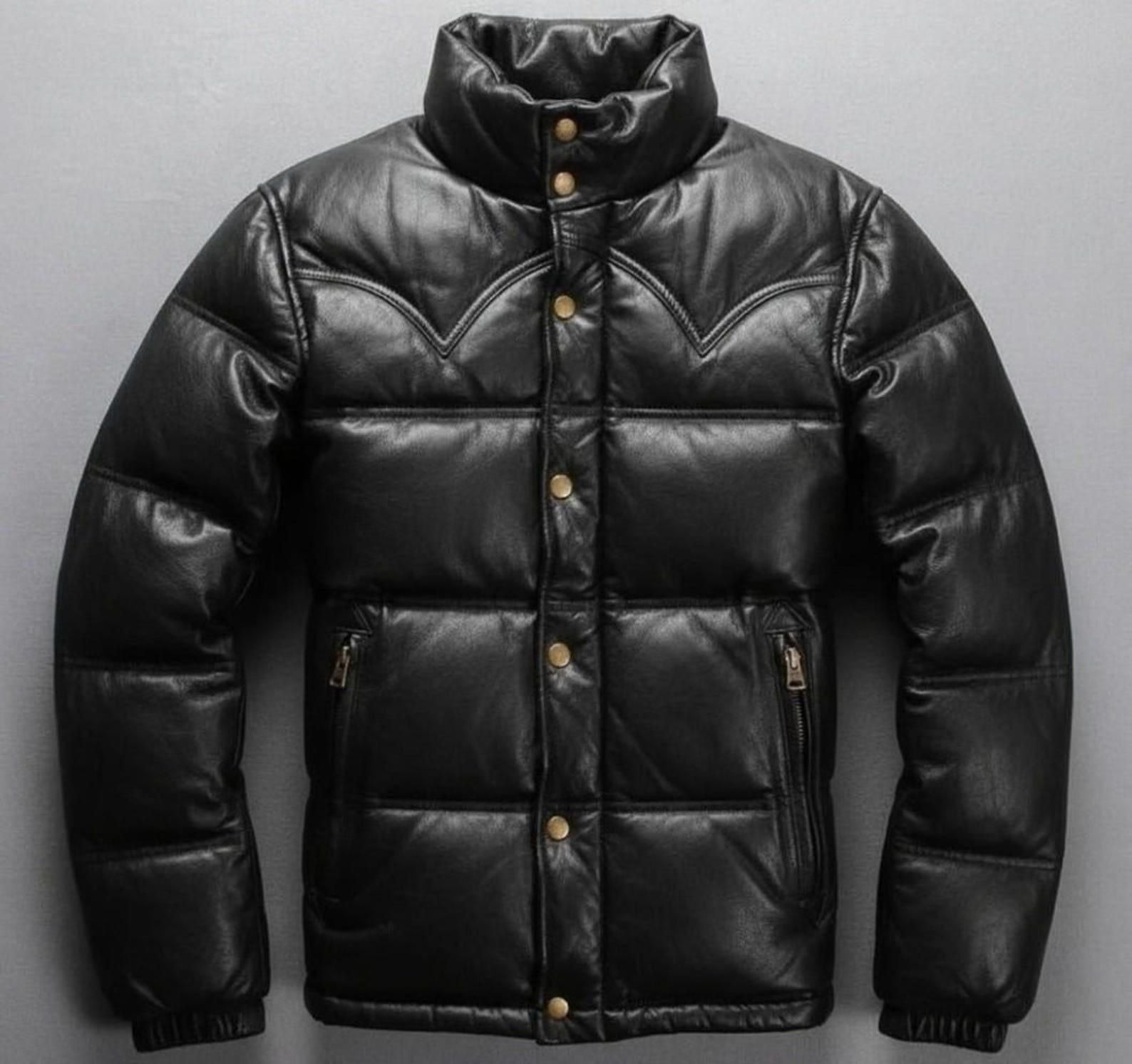 Premium Black Leather Puffer Jacket for Men | Genuine Winter Coat